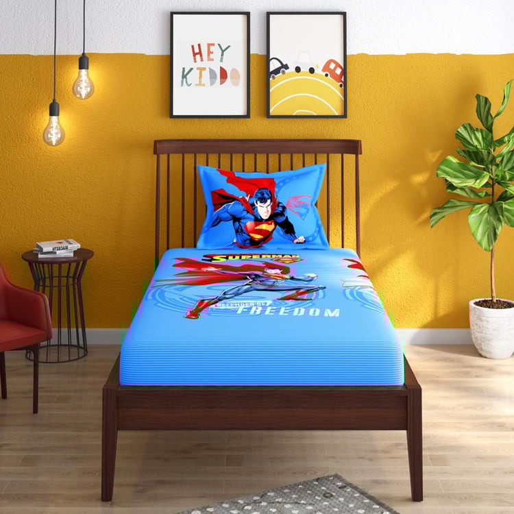 PORTICO License Multicolor Superman Printed Single Linen Bedsheet with Pillow Cover - 2 Pc