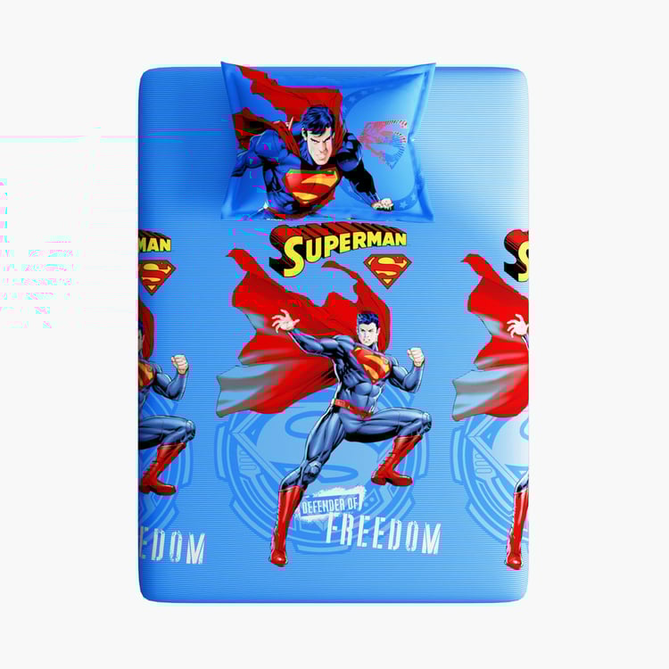 PORTICO License Multicolor Superman Printed Single Linen Bedsheet with Pillow Cover - 2 Pc