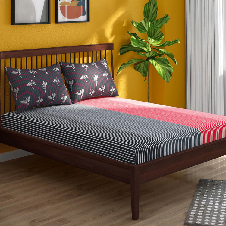 PORTICO Hashtag Red Striped Cotton King Bedsheet Set - 229x274cm - 3Pcs