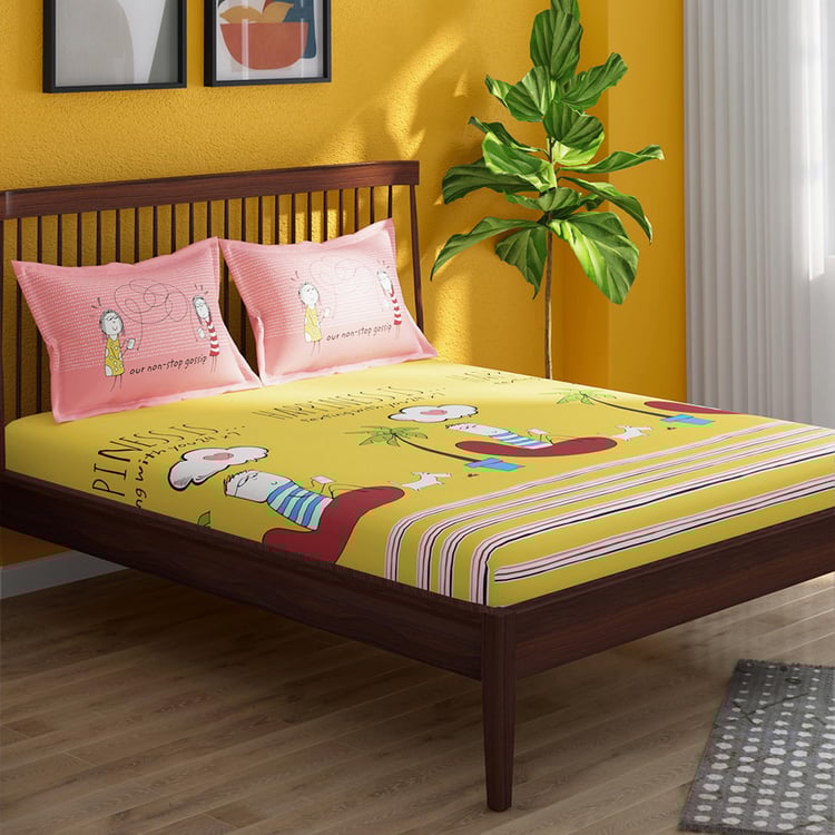 PORTICO Happiness Is Pink Printed Cotton Super King Bedsheet Set - 274x274cm - 3Pcs