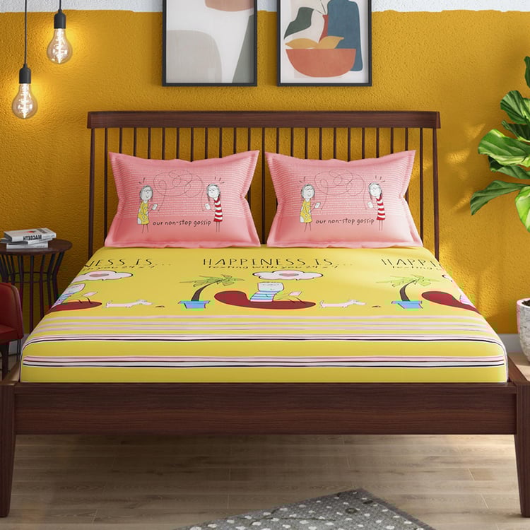 PORTICO Happiness Is Pink Printed Cotton Super King Bedsheet Set - 274x274cm - 3Pcs