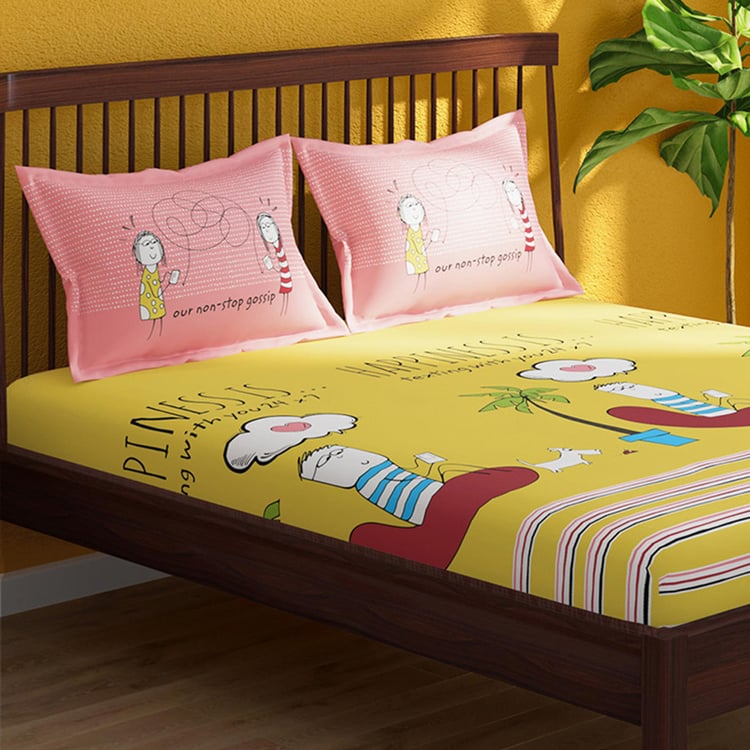 PORTICO Happiness Is Pink Printed Cotton Super King Bedsheet Set - 274x274cm - 3Pcs