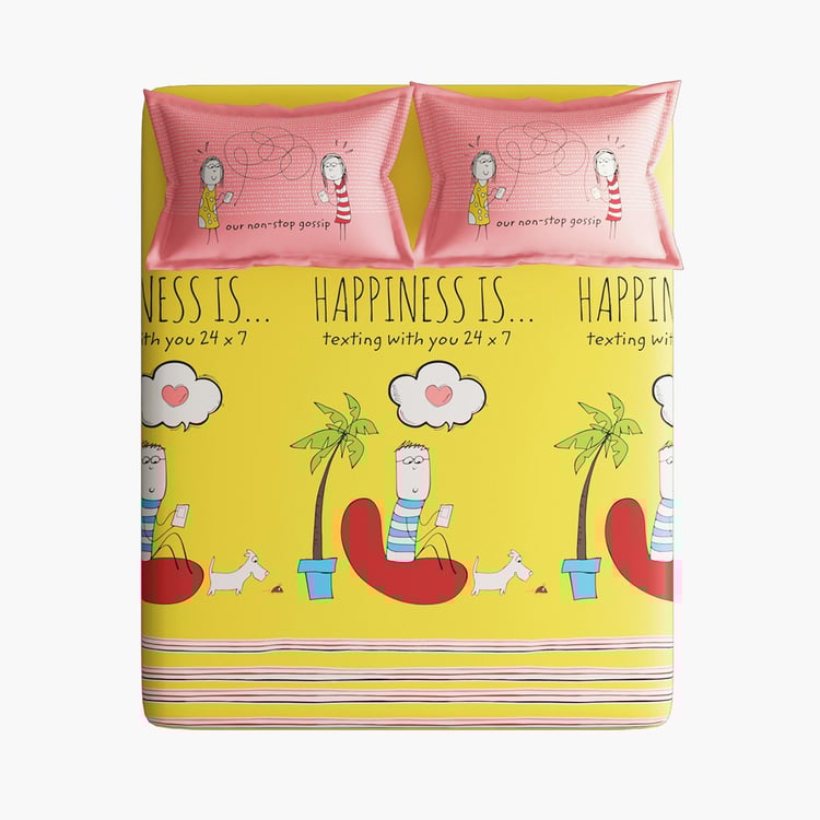 PORTICO Happiness Is Pink Printed Cotton Super King Bedsheet Set - 274x274cm - 3Pcs