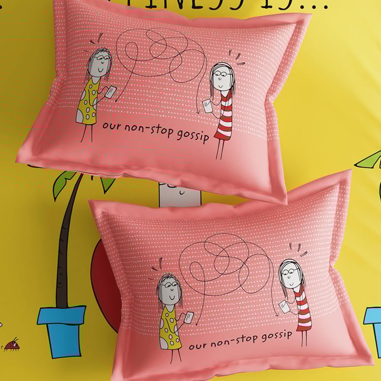 PORTICO Happiness Is Pink Printed Cotton Super King Bedsheet Set - 274x274cm - 3Pcs