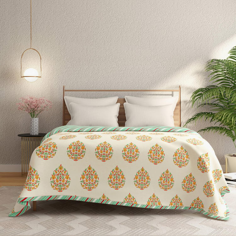 PORTICO Gulmohar White Printed Cotton Queen Bed Dohar - 228x248cm