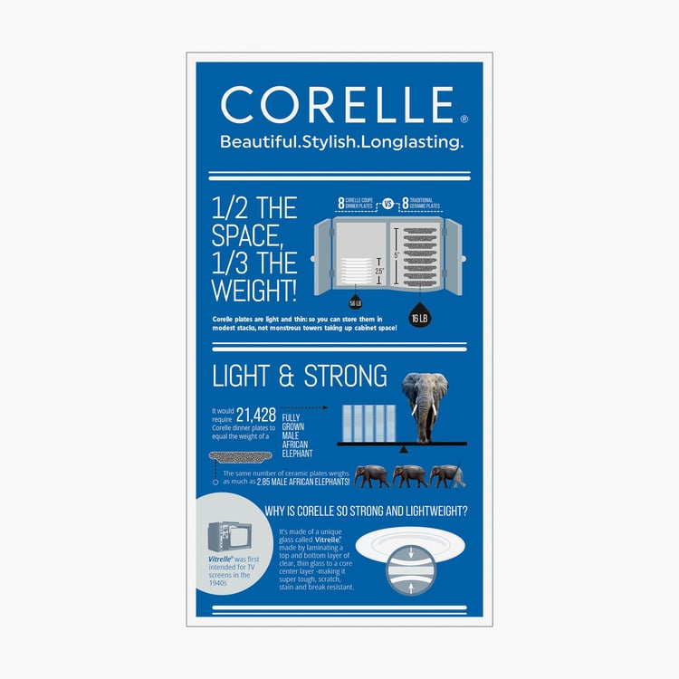 CORELLE Livingware Series White Solid Vitrella Glass Serving Bowl - 1.4l