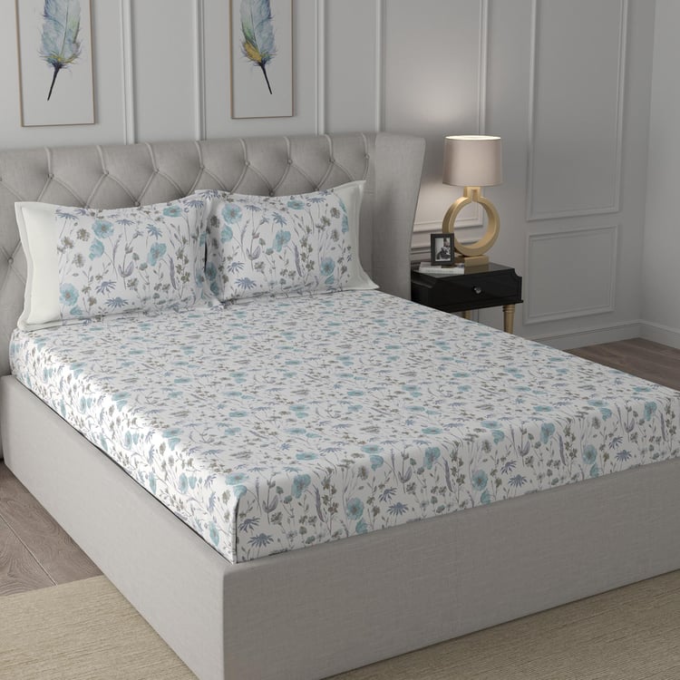 MASPAR Hermosa Regency Blue Floral Printed Cotton Super King Bedsheet Set - 275 cm x 275 cm - 3 Pcs