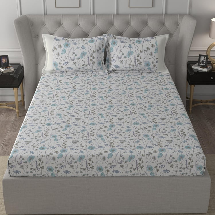 MASPAR Hermosa Regency Blue Floral Printed Cotton Super King Bedsheet Set - 275 cm x 275 cm - 3 Pcs