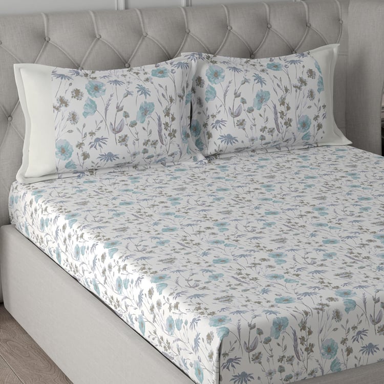 MASPAR Hermosa Regency Blue Floral Printed Cotton Super King Bedsheet Set - 275 cm x 275 cm - 3 Pcs
