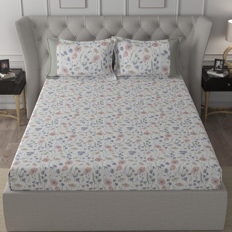 MASPAR Regency White Printed Cotton Super King Bedsheet Set - 275x275cm - 3Pcs
