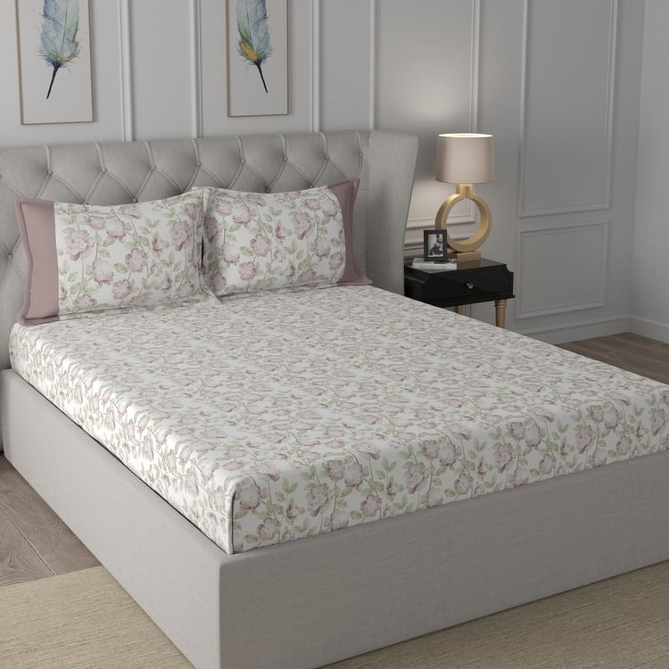 MASPAR Regency White Floral Printed Cotton Super King Bedsheet Set - 275x275cm