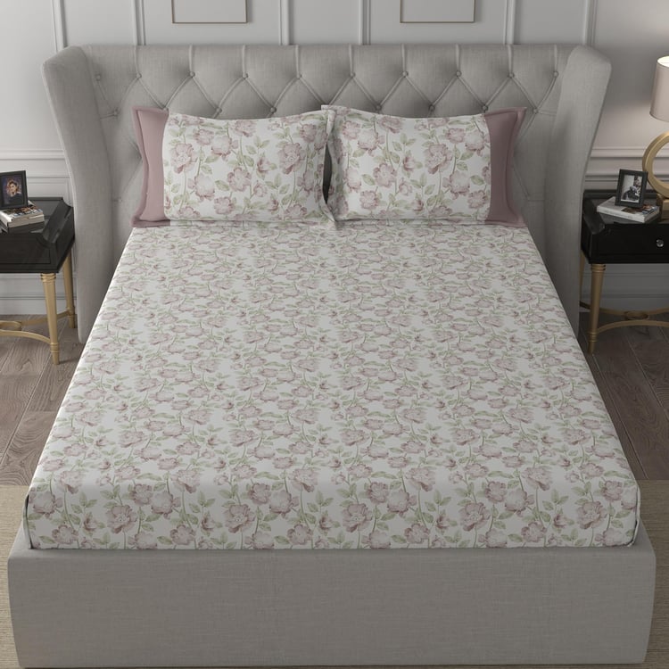 MASPAR Regency White Floral Printed Cotton Super King Bedsheet Set - 275x275cm