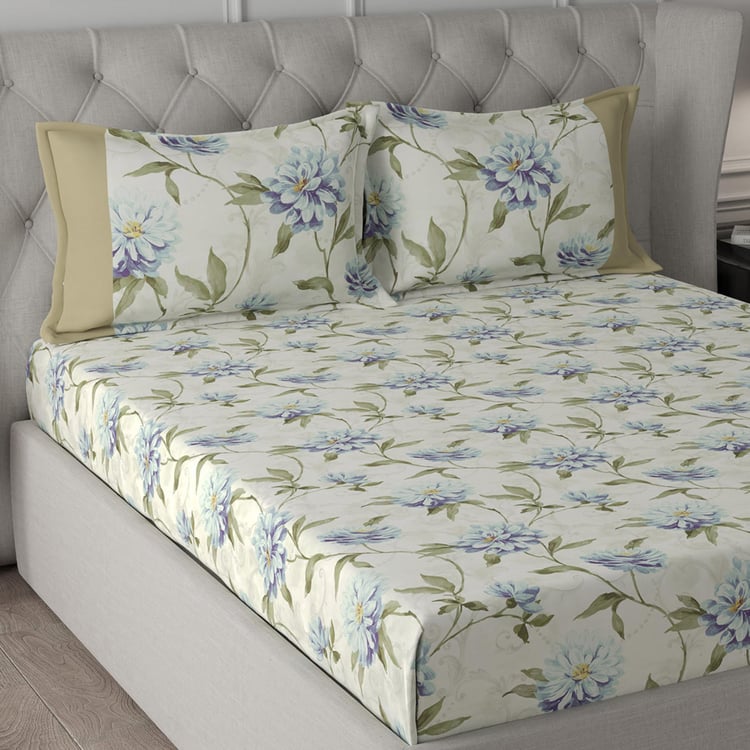 MASPAR Regency Grey Floral Print Cotton Queen Bedsheet Set - 275x224cm - 3Pcs