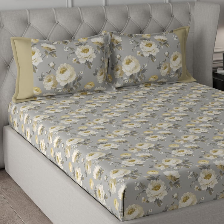 MASPAR Regency Grey Floral Print Cotton Queen Bedsheet Set - 275x224cm - 3Pcs