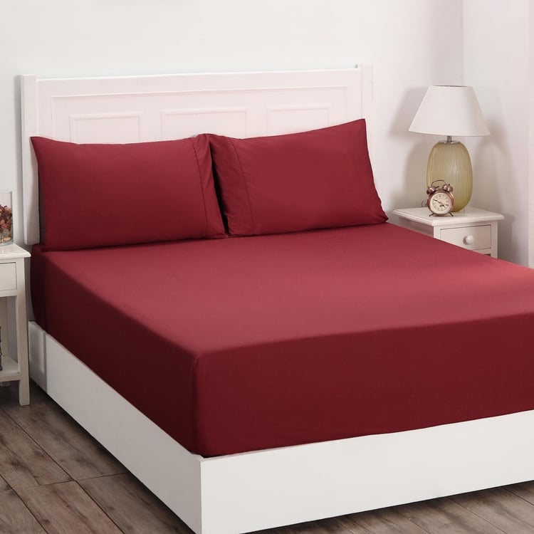 MASPAR Red Solid Cotton Double Bedsheet - 3Pcs - 275 x 275 cm