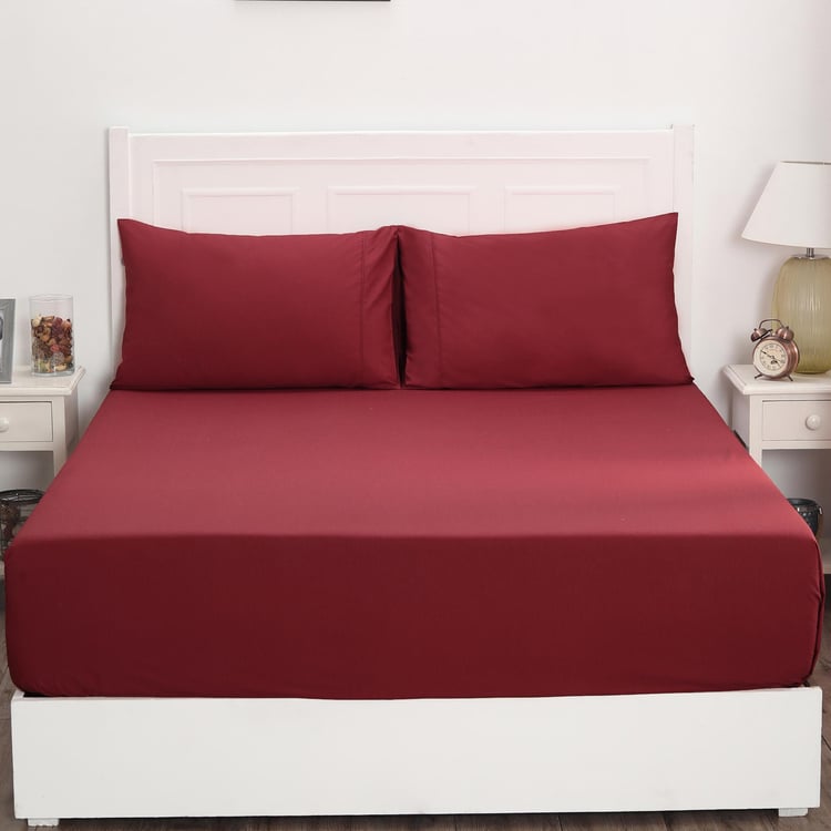 MASPAR Red Solid Cotton Double Bedsheet - 3Pcs - 275 x 275 cm