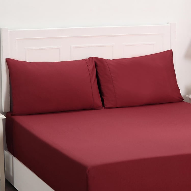 MASPAR Red Solid Cotton Double Bedsheet - 3Pcs - 275 x 275 cm