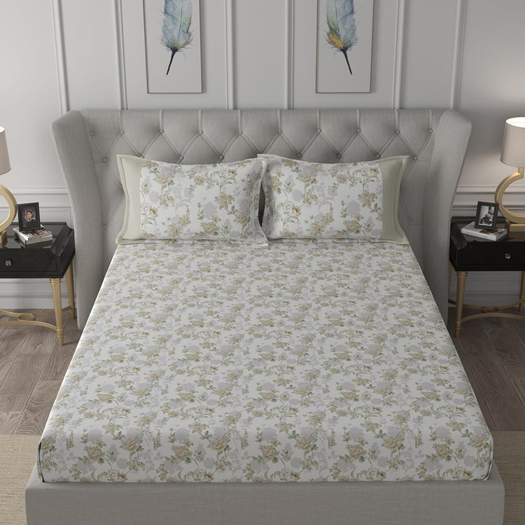 MASPAR Hermosa White Floral Printed Cotton King Bedsheet Set - 275x224cm - 3Pcs