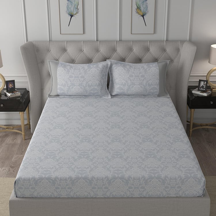 MASPAR Exotic Bouquet Blue Printed Cotton Super King Bedsheet Set - 275x275cm - 3Pcs