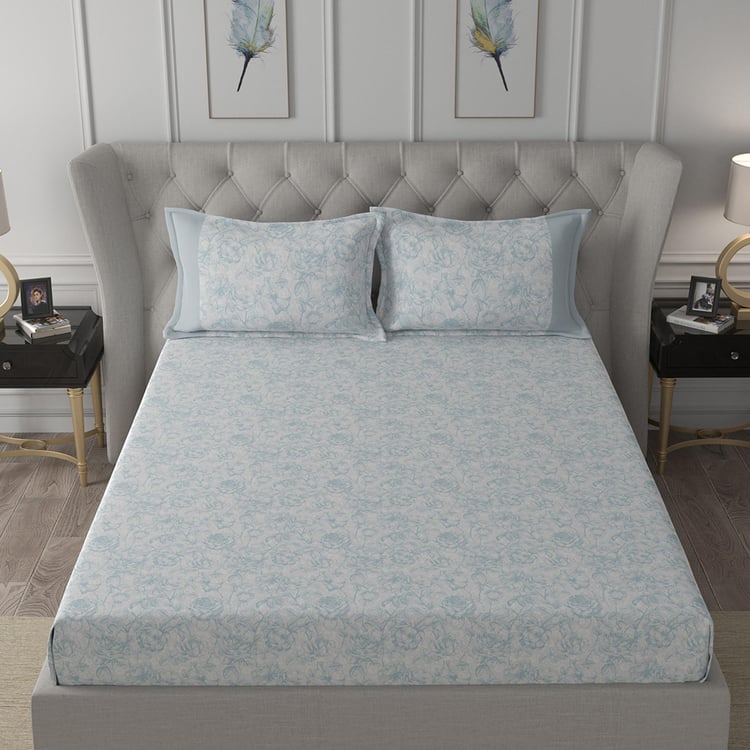 MASPAR Exotic Bouquet Blue Printed Cotton Double Bedsheet - 3Pcs - 275 x 275