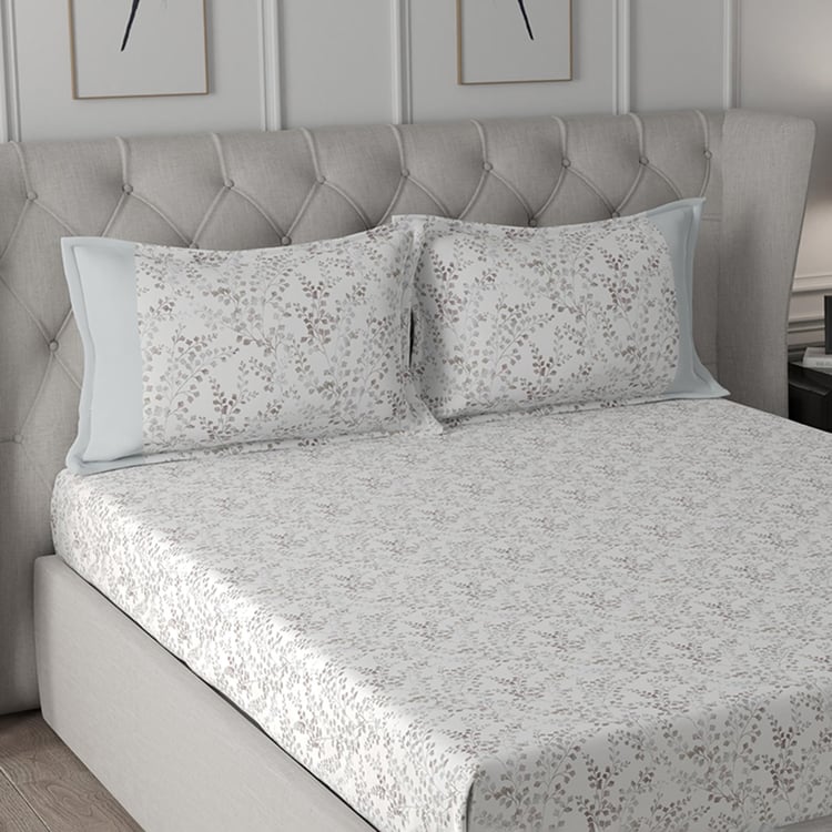 MASPAR Exotic Bouquet White Printed Cotton King Bedsheet Set - 275x224cm - 3Pcs