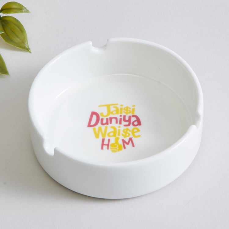 Raisa Bollywood White Printed Bone China Round Ash Tray