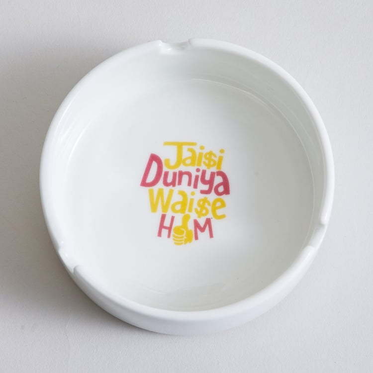 Raisa Bollywood White Printed Bone China Round Ash Tray