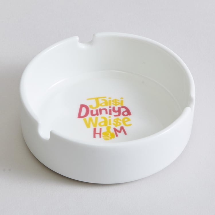 Raisa Bollywood White Printed Bone China Round Ash Tray