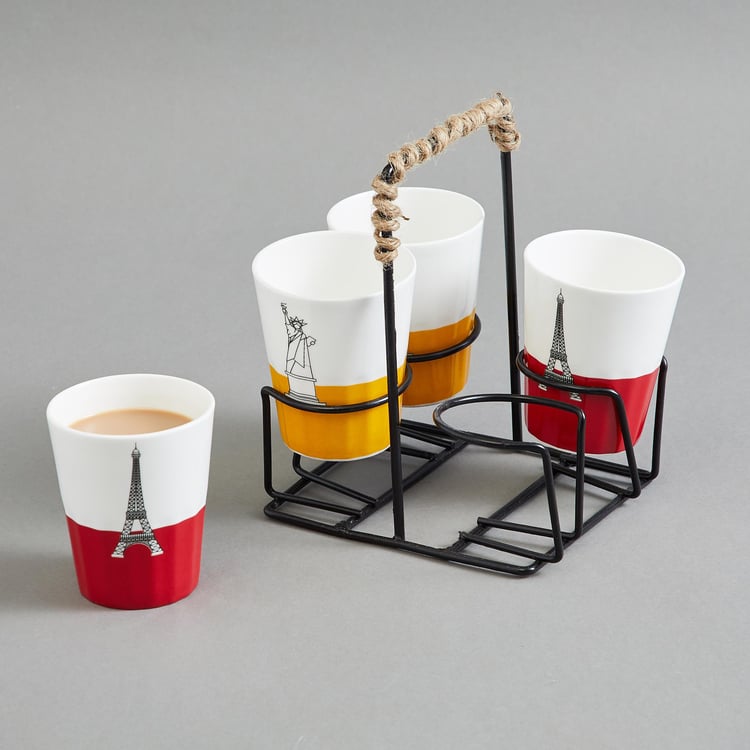 Buy Raisa City Scape Set of 4 Bone China Chai Cups with Stand 140ml