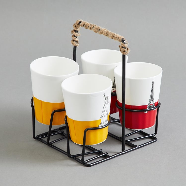Buy Raisa City Scape Set of 4 Bone China Chai Cups with Stand 140ml