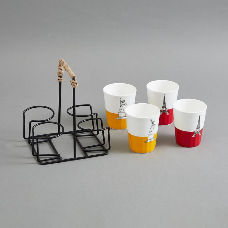 Buy Raisa City Scape Set of 4 Bone China Chai Cups with Stand 140ml