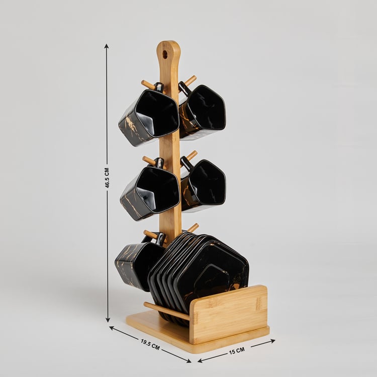 Showstopper Troup Stoneware Cup and Saucer Set with Wooden Stand - 13Pcs