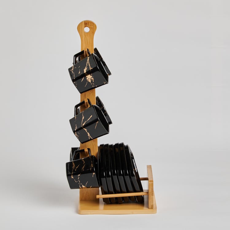 Showstopper Troup Stoneware Cup and Saucer Set with Wooden Stand - 13Pcs