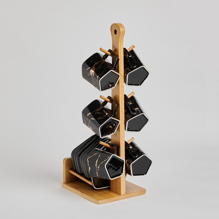 Showstopper Troup Stoneware Cup and Saucer Set with Wooden Stand - 13Pcs