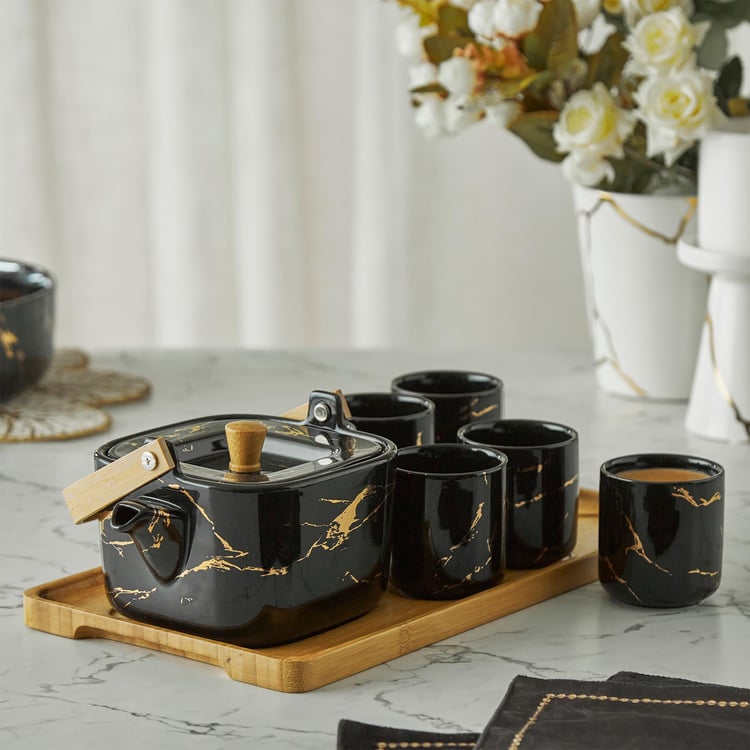 Showstopper Troup Stoneware Tea Set with Wooden Serving Tray - 8Pcs