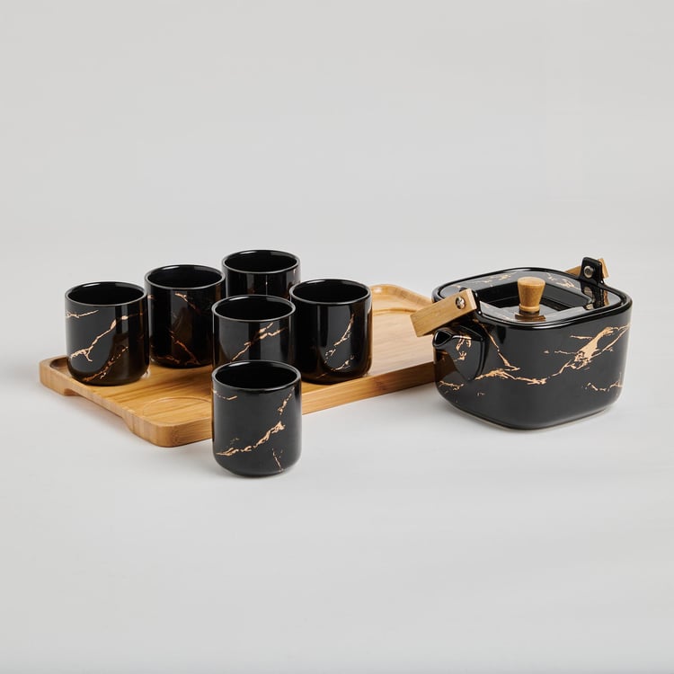 Showstopper Troup Stoneware Tea Set with Wooden Serving Tray - 8Pcs