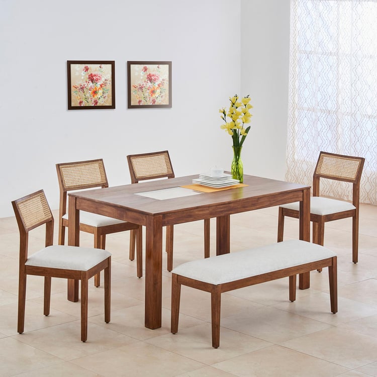 Cane Connection Terra Brown Mango Wood 6-Seater Dining Table Set with 4 Chairs and 1 Bench