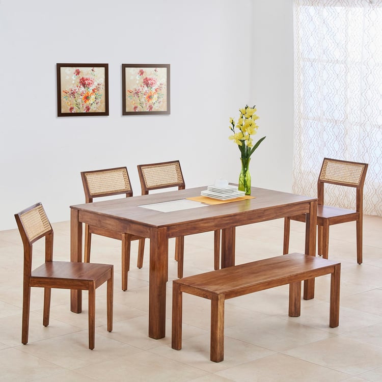 Cane Connection Terra Brown Mango Wood 6- Seater Dining Set With 4 Chairs And 1 Bench