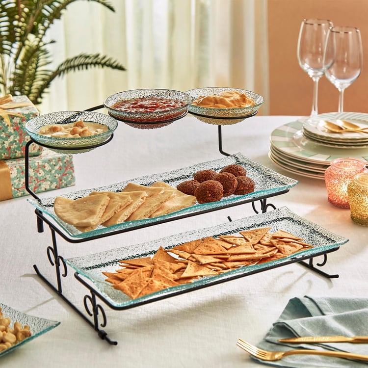 Abaco Transparent Glass 3-Tier Serving Platter Set with Iron Stand - 6Pcs