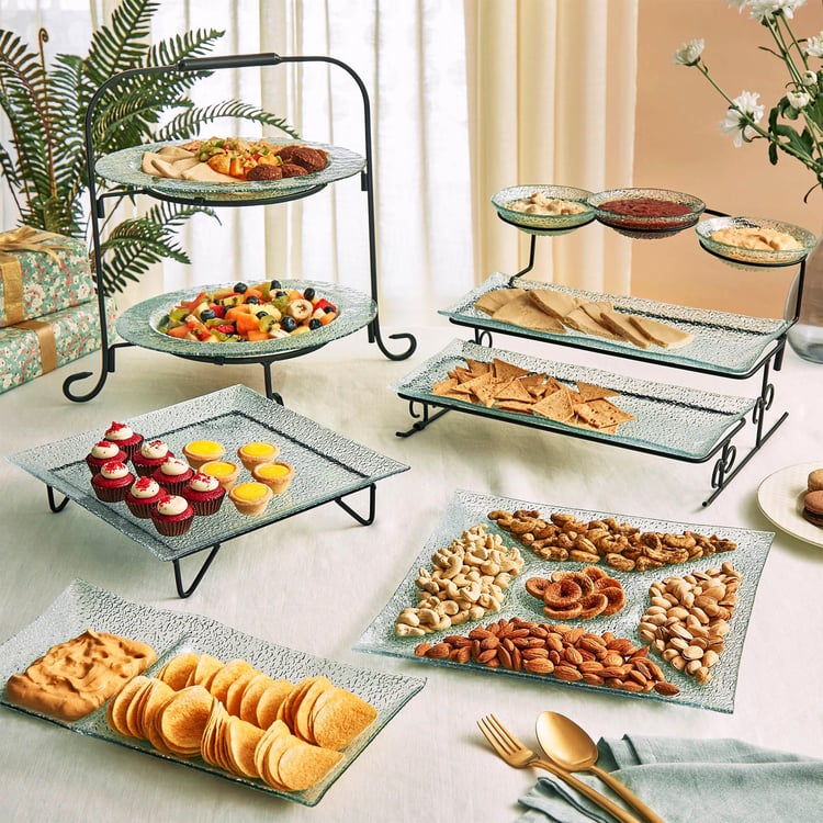 Abaco Transparent Glass 3-Tier Serving Platter Set with Iron Stand - 6Pcs