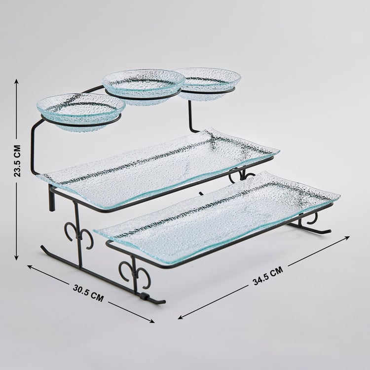 Abaco Transparent Glass 3-Tier Serving Platter Set with Iron Stand - 6Pcs
