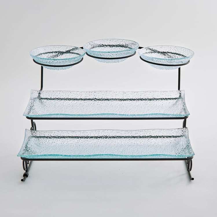 Abaco Transparent Glass 3-Tier Serving Platter Set with Iron Stand - 6Pcs