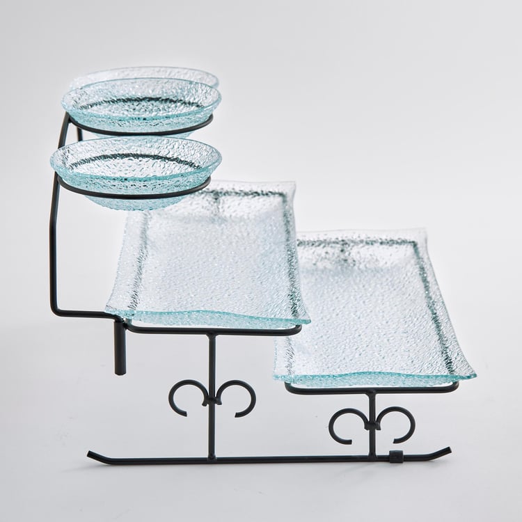 Abaco Transparent Glass 3-Tier Serving Platter Set with Iron Stand - 6Pcs