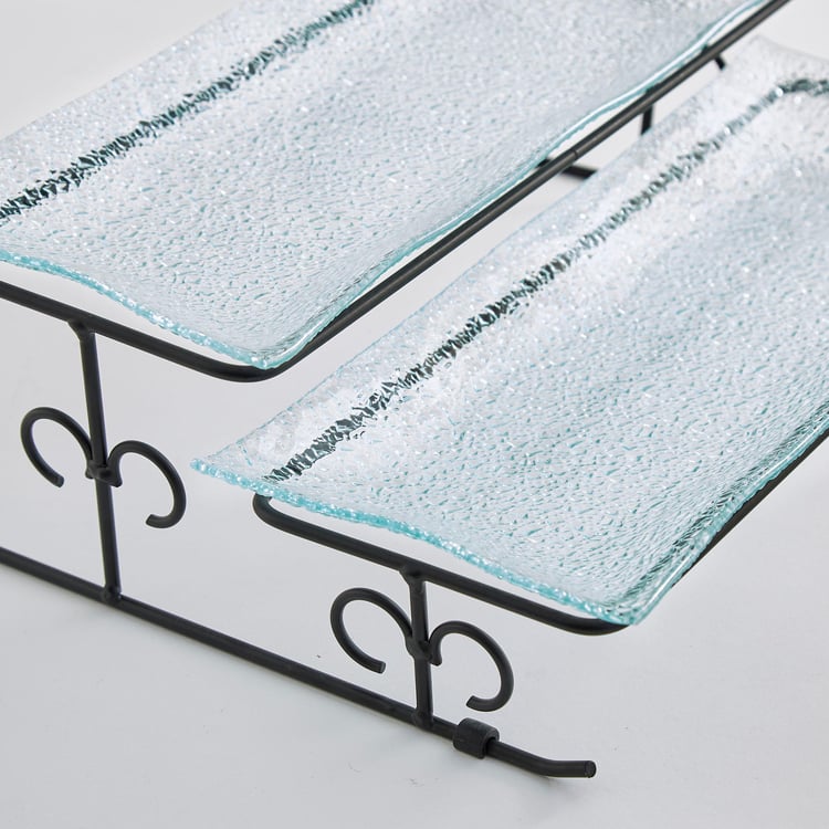 Abaco Transparent Glass 3-Tier Serving Platter Set with Iron Stand - 6Pcs