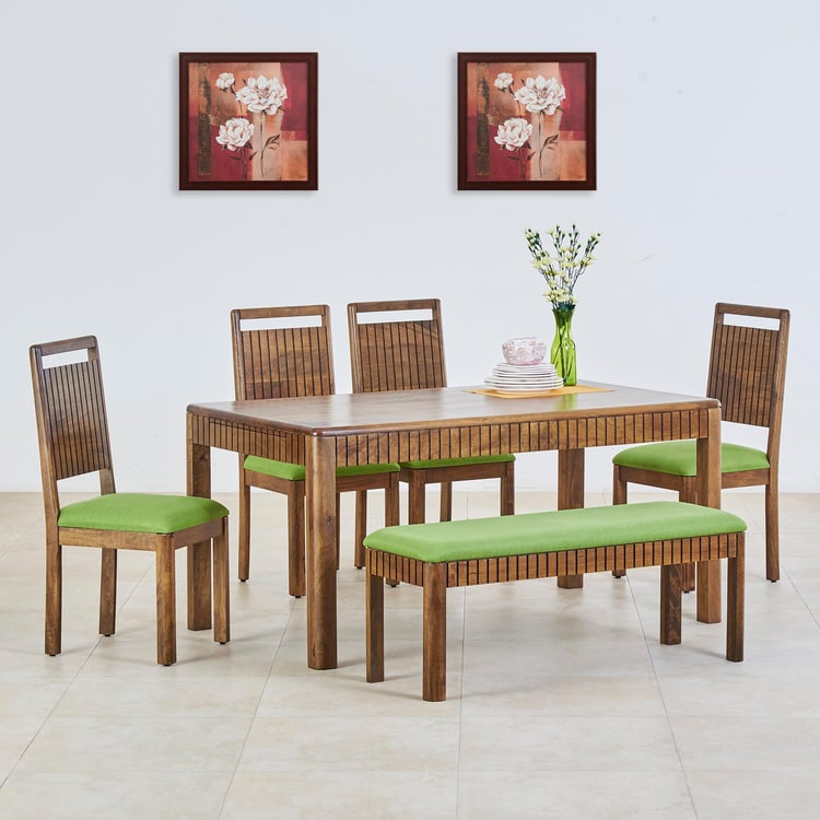 Olivia Mango Wood 6-Seater Dining Set with Chairs and Bench - Brown