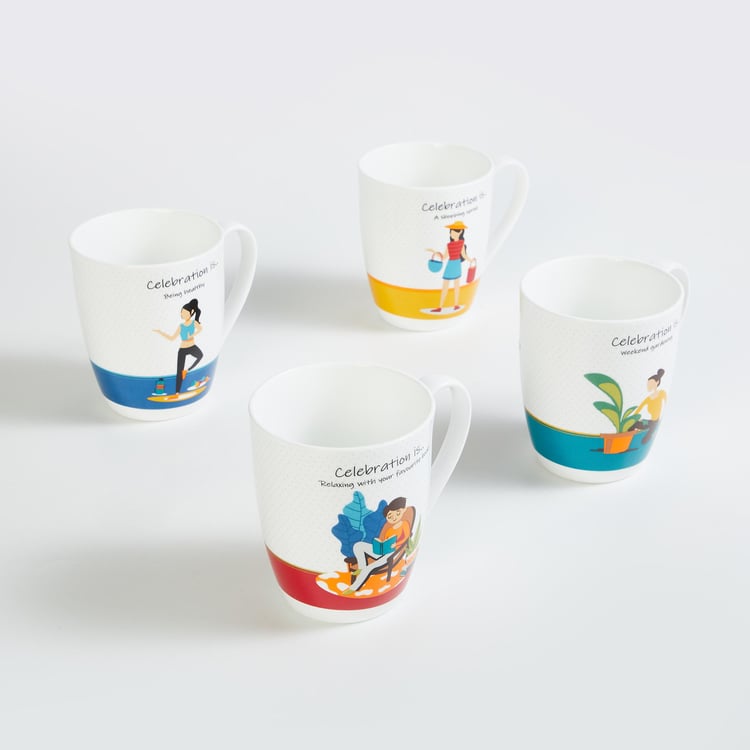 Celebrations White Printed Bone China Mug - 340ml - Set Of 4