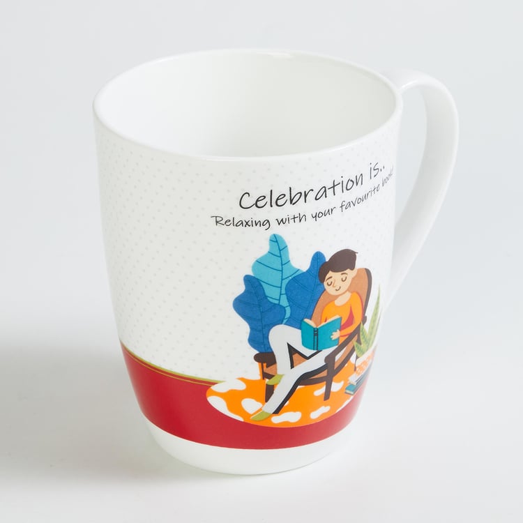 Celebrations White Printed Bone China Mug - 340ml - Set Of 4