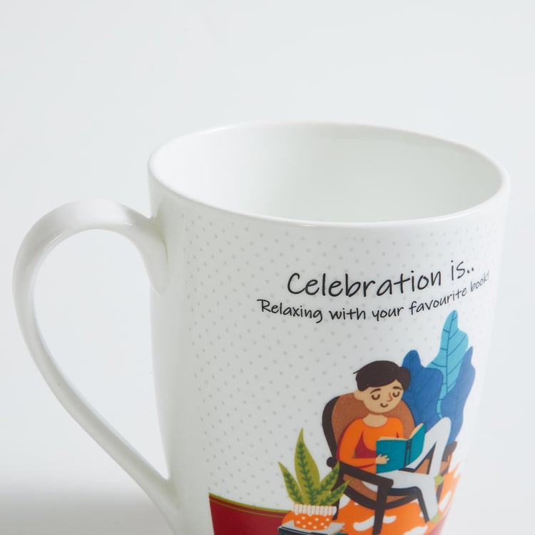 Celebrations White Printed Bone China Mug - 340ml - Set Of 4