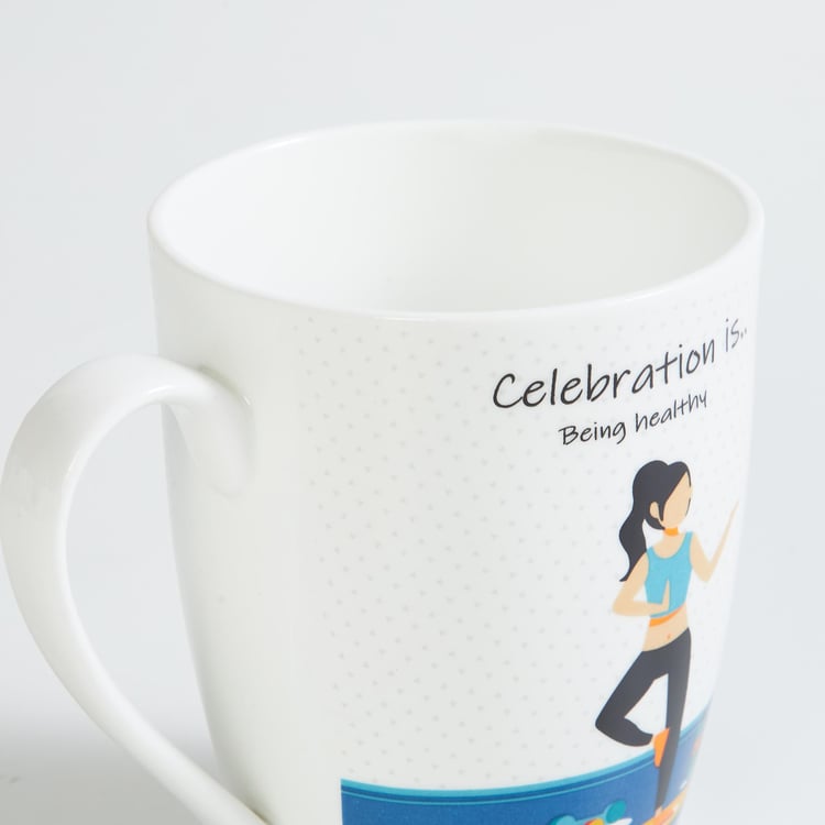 Celebrations White Printed Bone China Mug - 340ml - Set Of 4