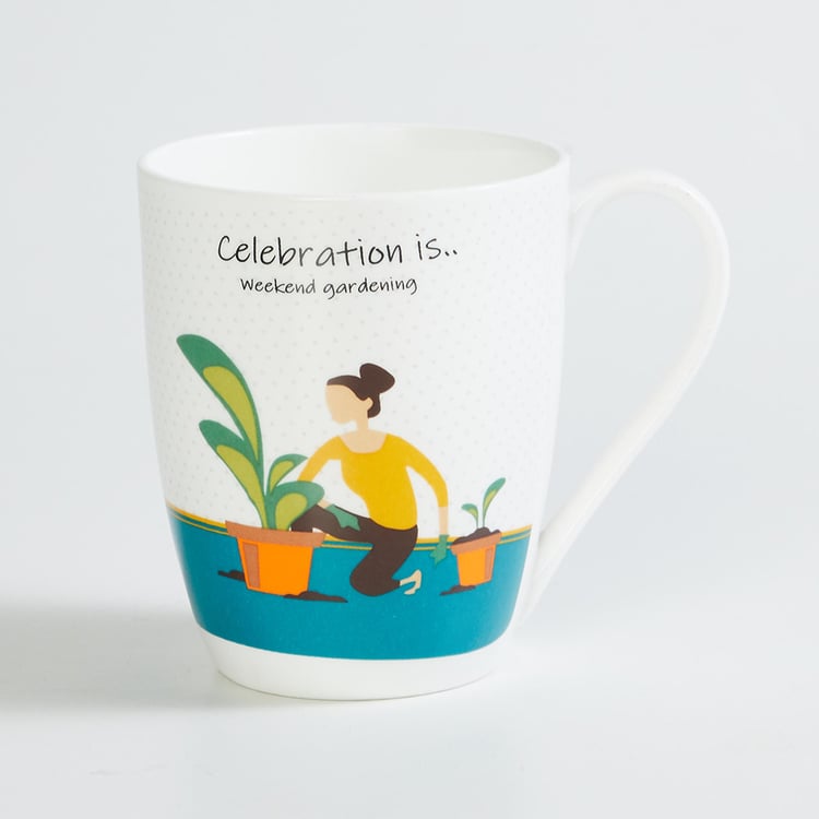 Celebrations White Printed Bone China Mug - 340ml - Set Of 4